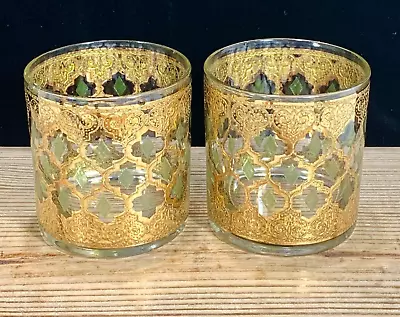 2 Culver Valencia Rocks Glass Gold Green Diamonds Old Fashioned Whiskey Vintage • $38