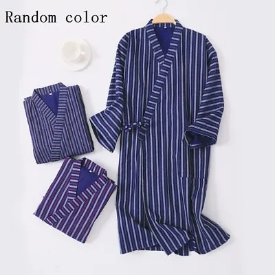 Women Men Cotton Yukata Kimono Bathrobe Dressing Gown Sleepwear Striped Pajamas • £26.99