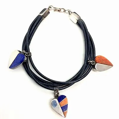 Vintage Jay King Lapis Coral Inlay Bracelet Sterling Silver Heart Leather Charms • $44.99
