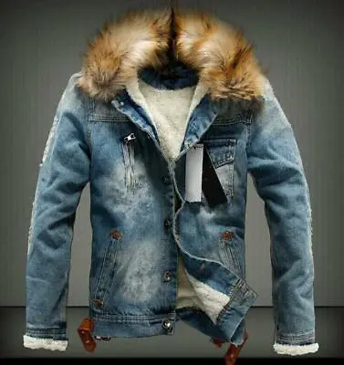 Men's Winter Warm Fur Collar Denim Jacket Fleece Thick Padded Coat Outwear Parka • $34.98