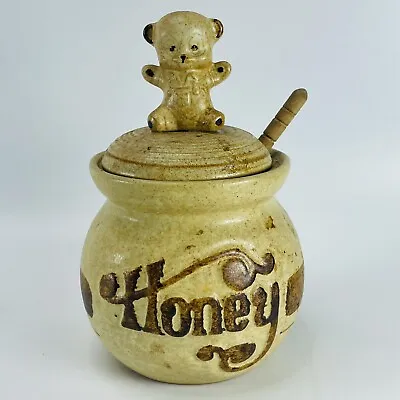 Pottery Craft Honey Pot Jar Bear On Top Includes Dipper 7  USA Stoneware VTG • $15.95