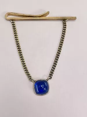 Vintage Kreisler Tie Clip Bar With Chain Blue Glass Cabochon Sterling Setting • $19.99