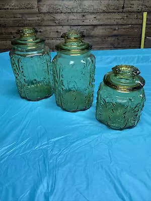 Vintage (3) L. E. Smith Imperial Amber Glass Atterbury Scroll Canister Jars • $65