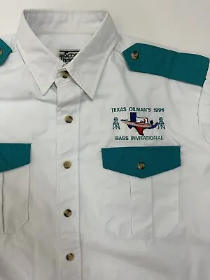 Vintage Texas Oilmans 1996 Bass Invitational Shirt L White Teal Epaulets Fishing • $16.99