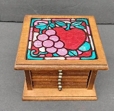 Vintage Mid Century Wood Cork Coasters  Set Of 8 Wooden Box Apple Grapes Top • $14.99