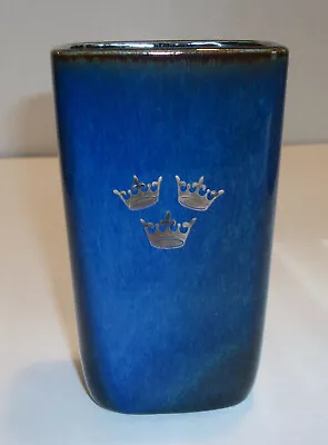 Gustavsberg Sweden MCM Mid Century Argenta 3 Crowns Silver Overlay Blue Vase • $69.95