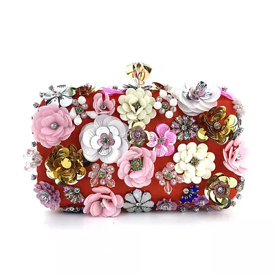 Women Floral Beaded Clutch Evening Bag Wedding Prom Party Bling Purse Handbag UK • £23.99