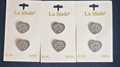 Vintage La Mode Antique Silver Metal Heart Buttons Set Of Six 24701 • $7.99