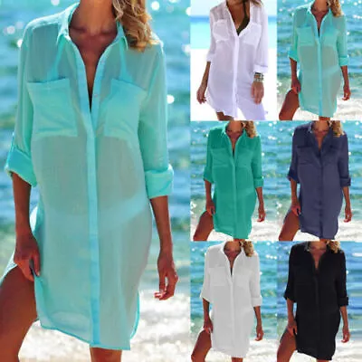 £12.99 • Buy Women's Summer Swimwear Beachwear Ladies Bikini Beach Cover Up Dress Long Shirt