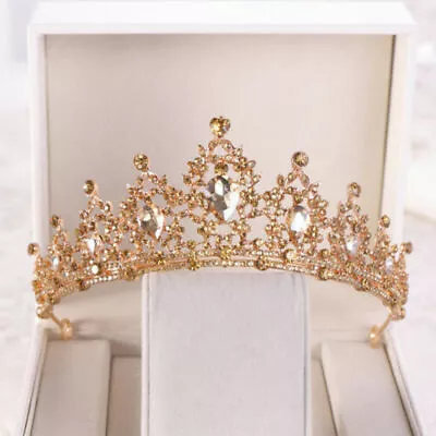 Champagne Gold Queen Tiara Crown Wedding Bridal Queen Prom Princess • £9.38