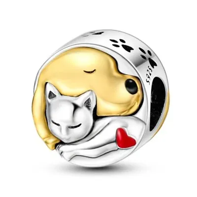 Cat Dog Love Charm Pets Puppy Kitten Hugging Charm Bead 925 Sterling Silver • £13.95