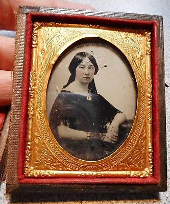 Woman Leather Tin Type Daguerreotype Small Photo Case Very Ornate Gold Frame 2 • $60