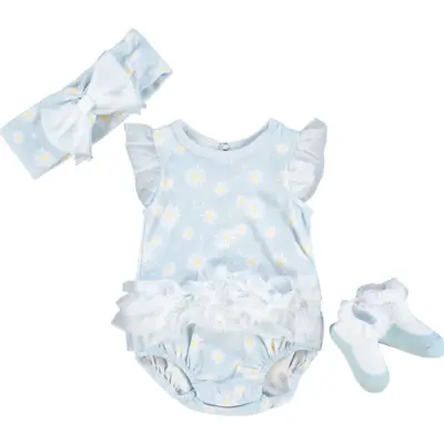 £13 • Buy Kyle & Deena Blue Floral Three Piece Baby Bodysuit Set Sizes 3-6 & 6-9 Months