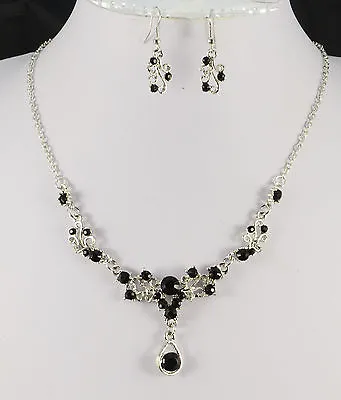 £2.99 • Buy Silver Royal Blue, Black Or Clear Crystal Tear Drop Necklace & Earrings Set