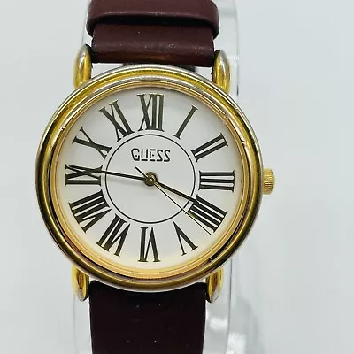 Vintage Guess Watch Women Gold Tone Brown Leather 34mm Round Analog New Battery • $24.95