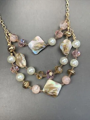 Vintage Cream Pink Citrine Crystal Blister Pearl Layered ￼Necklace 20” Inches ￼ • $23.85