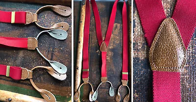 Vtg Bright Red Stretchy Suspenders Braces Tan Brown Pebbled Leather Brass Euc • $14