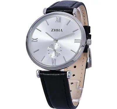 ZHHA Men's Black Leather Strapped Quartz Waterproof Watch With White Dial  S001 • £15.99