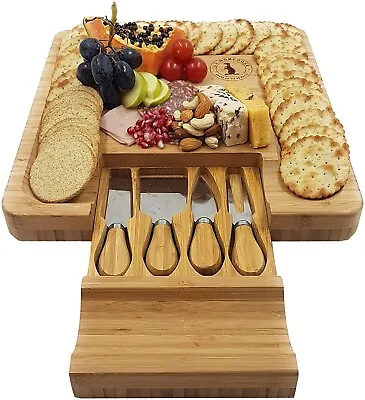 Cheese Board & Knife Set Bamboo Hidden Drawer 4 Stainless-Steel Tools - Square • £24.99