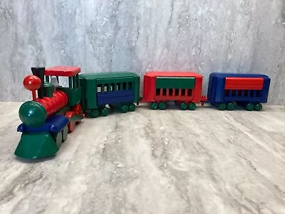 Vintage Red Green & Blue Wooden Train SetEngine 2 Cars & Caboose Moving Pt's • $15.99