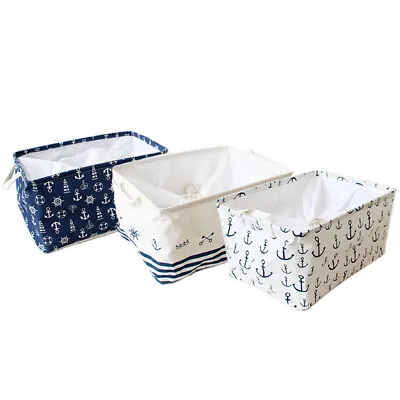 3pcs Nautical Fabric Large Storage Baskets With Drawstring 17.5x12x9 Inch • £26.98