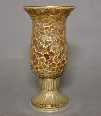 Candle Holder Brass Gold Mosaic Glass Shade Random Chips 5 D 10 H FREE SHIPPING • $21.95