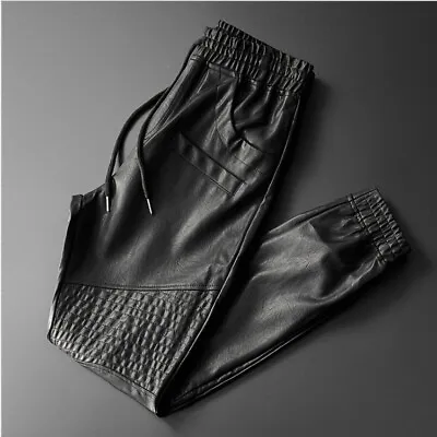 Mens Elastic Waist Jogger Motorcycle Pocket Faux Leather Trousers Pants Fashion • $44.98