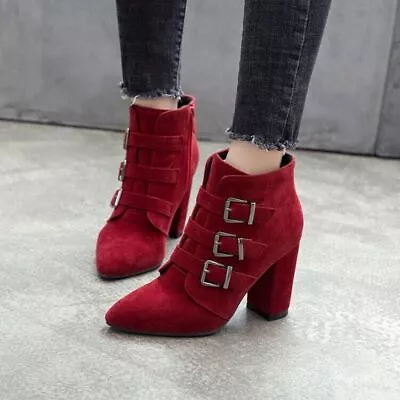 Womens Suede Military Retro Block High Heels Ladies Buckle Strap Ankle Boots • $48.80