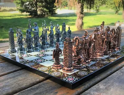 Chess Set Antique Mythology Bronze Chess Pieces Wood Chess Board - Gift For Him • £24