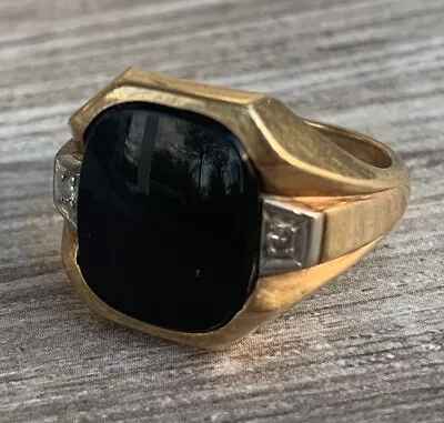 Vintage 14K Gold Onyx & Diamond Men’s Ring 10.5g Size 8.75 • $250