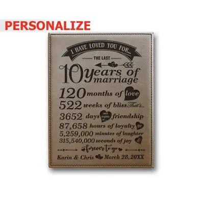 10 Years Of Marriage-10th Anniversary Gift For Couple-Engraved Leather Plaque • £27.90