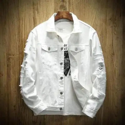 Men's Jean Jacket Slim Fit Cotton Denim Jacket Ripped Hole Jean Coats New • $38.88