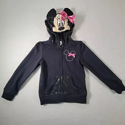 Disney Minnie Mouse Black Full Zip Hoodie Sequins Face Ears And Bow On Hoodie • $11.69