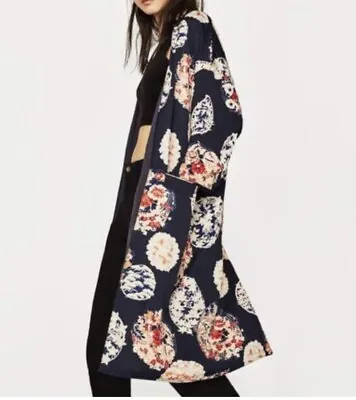 ZARA Trf Outerwear Floral Kimono S/M Navy Orange Ivory • $55