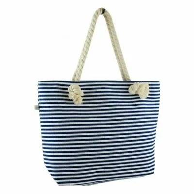 Nautical Canvas Blue & White Stripe Beach Bag Shopper Shopping Bag Seaside Large • £11.99