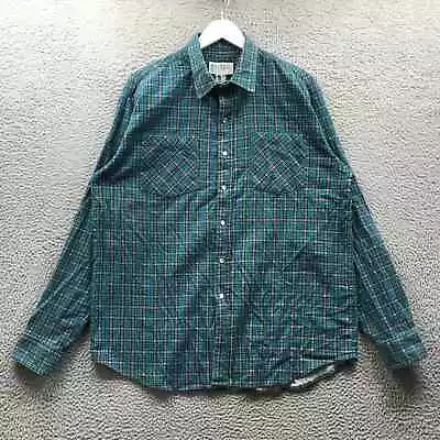 Vintage Haband Flannel Button Up Shirt Mens Large Snap Button Teal Blue Gray • $17.99