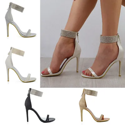 £14.99 • Buy Womens Diamante Ankle Strap Heels Ladies Sparkly Stiletto Peep Toe Party Sandals