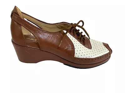 RE-MIX   Vintage Shoe Company Leather Spectator Wedge Heel LaceUp Brown White • $90