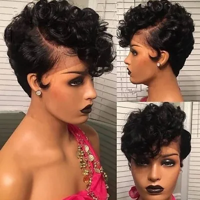 Fashion Short Curly Lace Front Human Hair Wigs Pixie Cut Wigs L Part Pre Plucked • $44.63