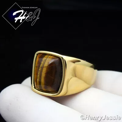 MEN's Stainless Steel Rectangle Tiger Eye Gold Plated Ring Size 8-13*TR110 • $16.99