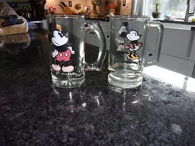 Vintage Walt Disney Mickey And Minnie Mouse Clear Glass Beer Mug Cup With Handle • $12