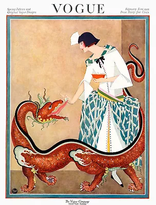 George Wolfe Plank - Vogue Fashion Woman W/ Chinese Dragon (1923) -17 X22  Print • $79.99