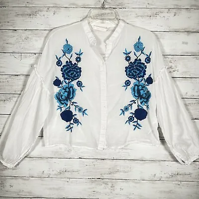 $14.99 • Buy Zara Cotton Embroidered Button Down Blouson Sleeve Blouse XS