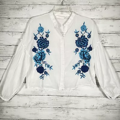 Zara Cotton Embroidered Button Down Blouson Sleeve Blouse XS • $12.99