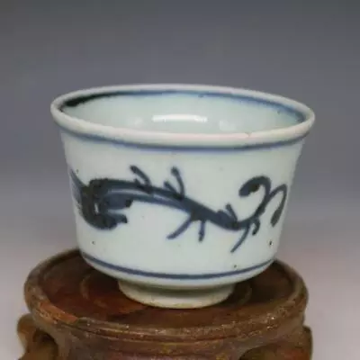 2.95” Chinese Porcelain Ming Blue And White Double Grass Dragon Pattern Tea Cup • $20