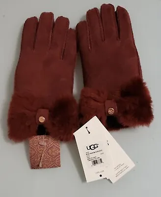 UGG Burgundy Color Suede & Dyed Sheepskin Shearling Turn Cuff Gloves Ladies Sz M • £47.50