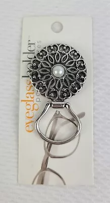 Silver Flower Magnetic ID Badge Eyeglass Reading Glasses Holder • $9.99