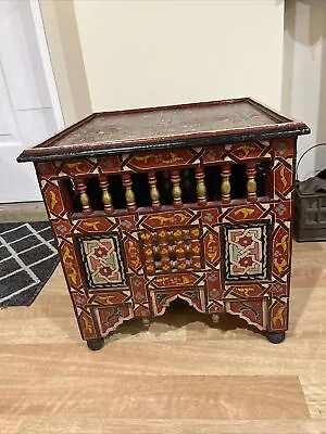 Vintage Moroccan Hand Painted Arabesque Wood Square Table Coffee End Table • $253.50