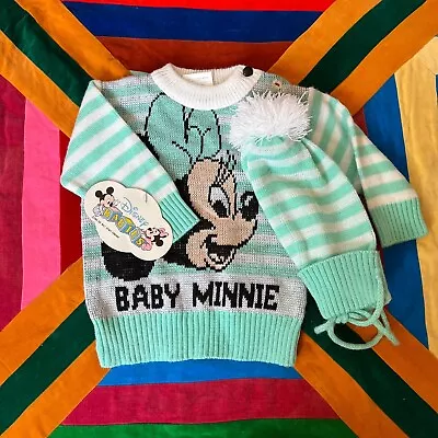 Vintage NOS Baby Minnie Mouse Pullover Knit Sweater With Matching Hat 6mo • $18