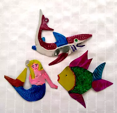 Mexican Ornaments Lot Of (3) Fish & Mermaid Punched Tin Brand New Xmas Wall Deco • $18